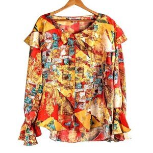 Vintage Diana Marco Abstract Print Silk Capelet Collar Blouse